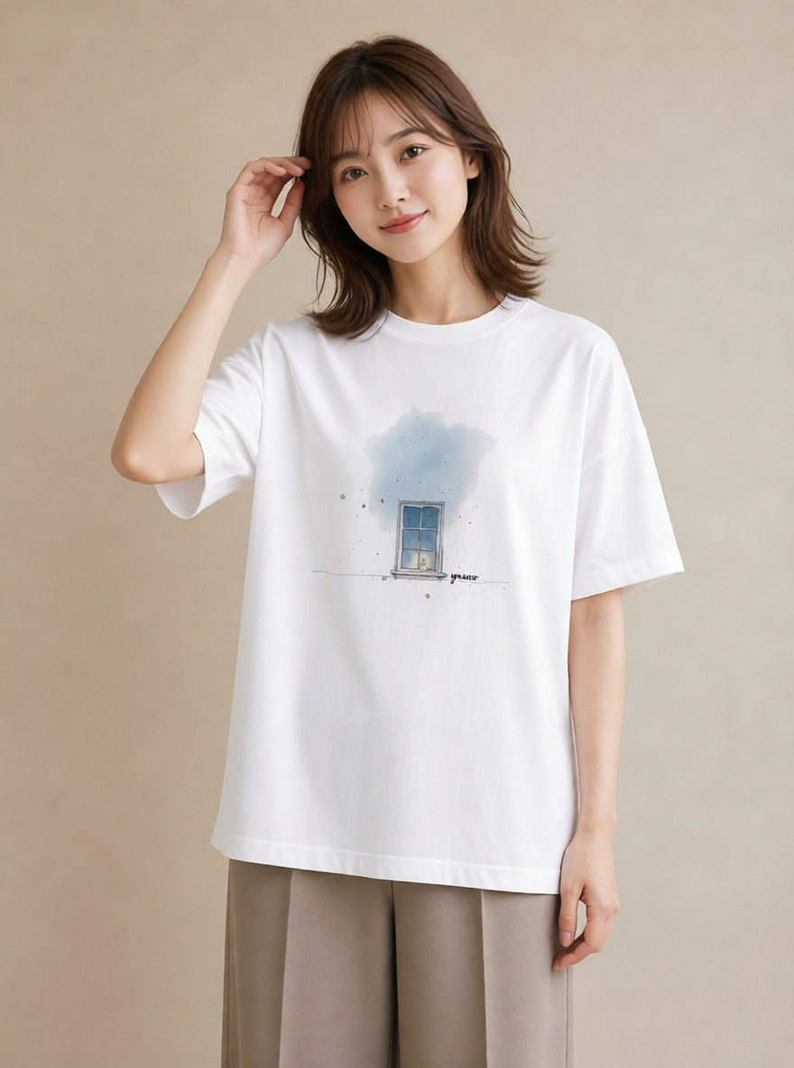 Tシャツ レディース 夕暮れ バルコニー 夕焼け ナチュラル アンティーク イラスト 線画 旅行用 海 白T YMAZO
