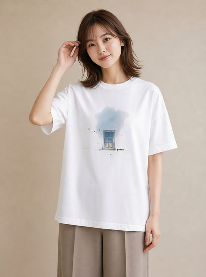 Tシャツ レディース 夕暮れ バルコニー 夕焼け ナチュラル アンティーク イラスト 線画 旅行用 海 白T YMAZO
