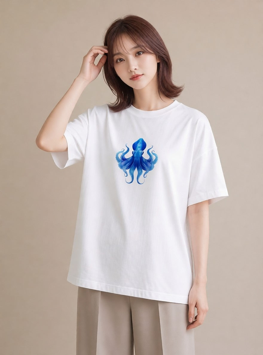 グラフィックTシャツ レディース イカ 海の生き物 海 イラスト ニュアンス カフェ服 クリスマス 白T YMAZO