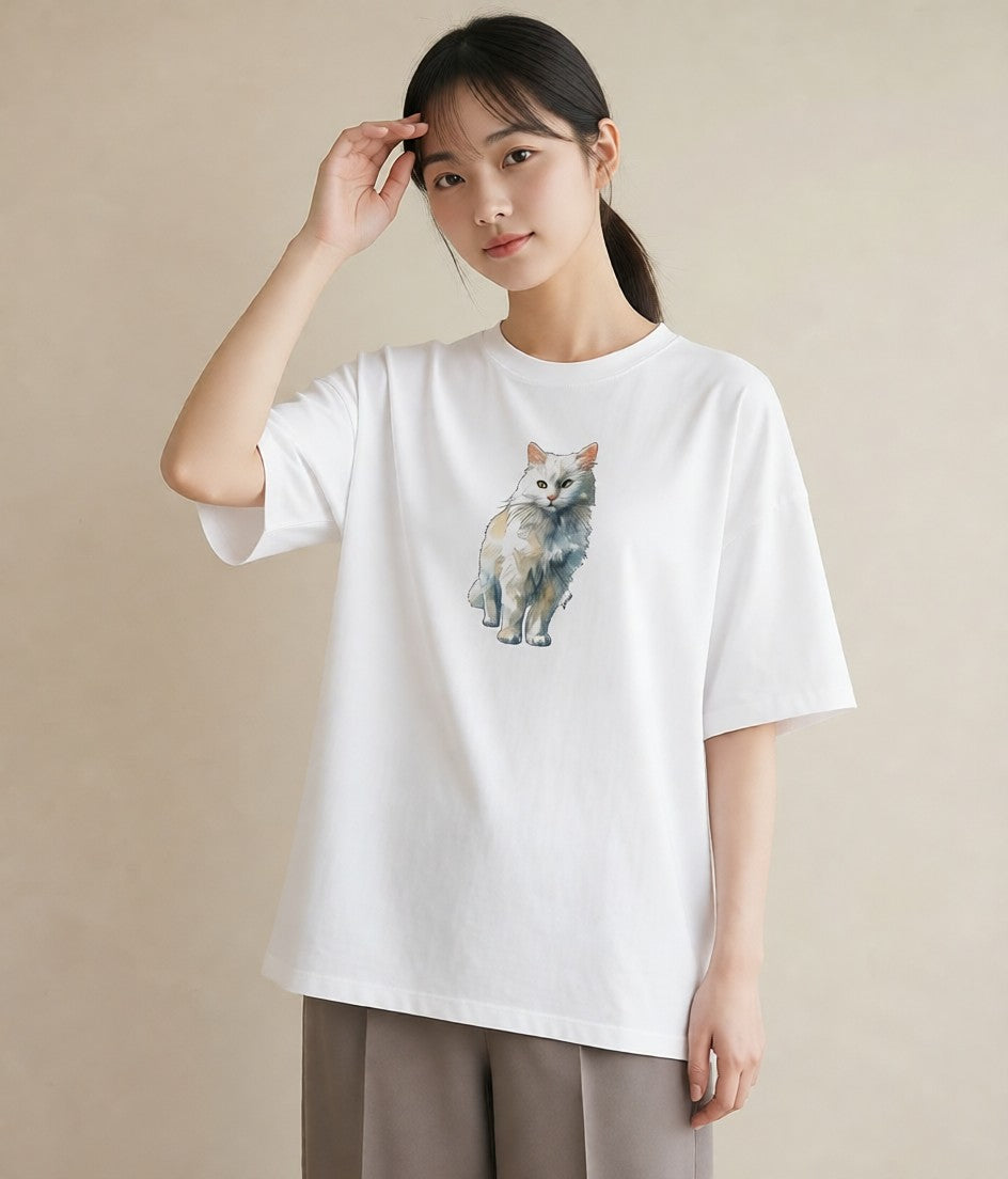 グラフィックTシャツ レディース おすわり猫 猫 ねこ イラスト シンプル レイヤード 友達ギフト 白T YMAZO