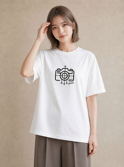Tシャツ レディース カメラ フィルムカメラ レトロカメラ イラスト ヴィンテージ風 春服 ミセス 白T YMAZO