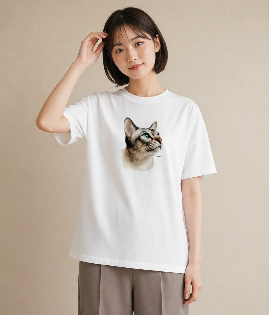 Tシャツ レディース キジトラ 猫 ねこ イラスト ヴィンテージ風 お出かけ 普段着 白T YMAZO