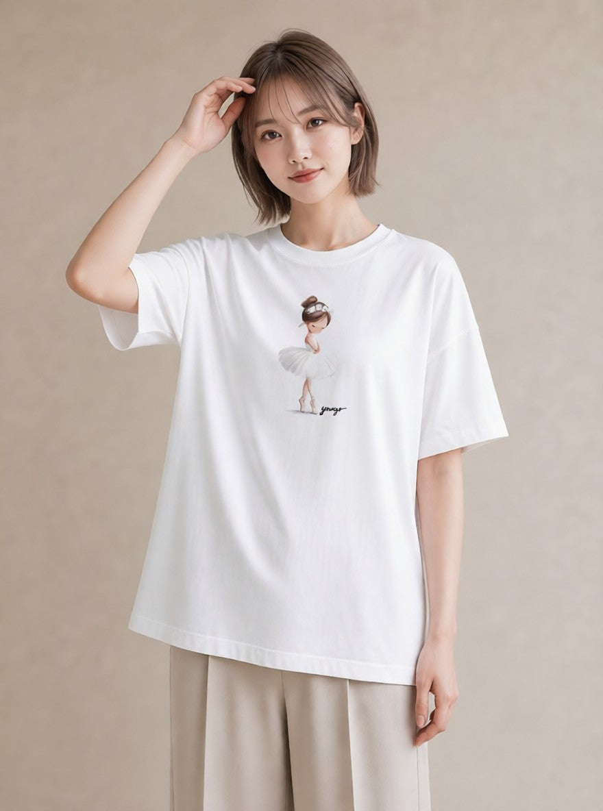 グラフィックTシャツ レディース バレエシューズ バレエ トウシューズ ナチュラル アンティーク イラスト ラフ ルームウェア ギフト 白T YMAZO