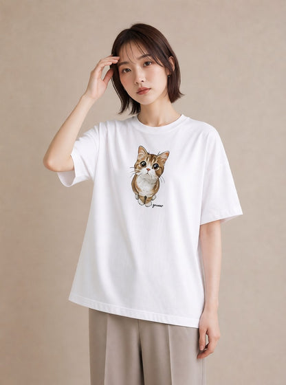 半袖Tシャツ レディース 三毛猫 みけねこ 三毛 猫 ねこ イラスト ガーリー 誕生日プレゼント 綿100 白T YMAZO