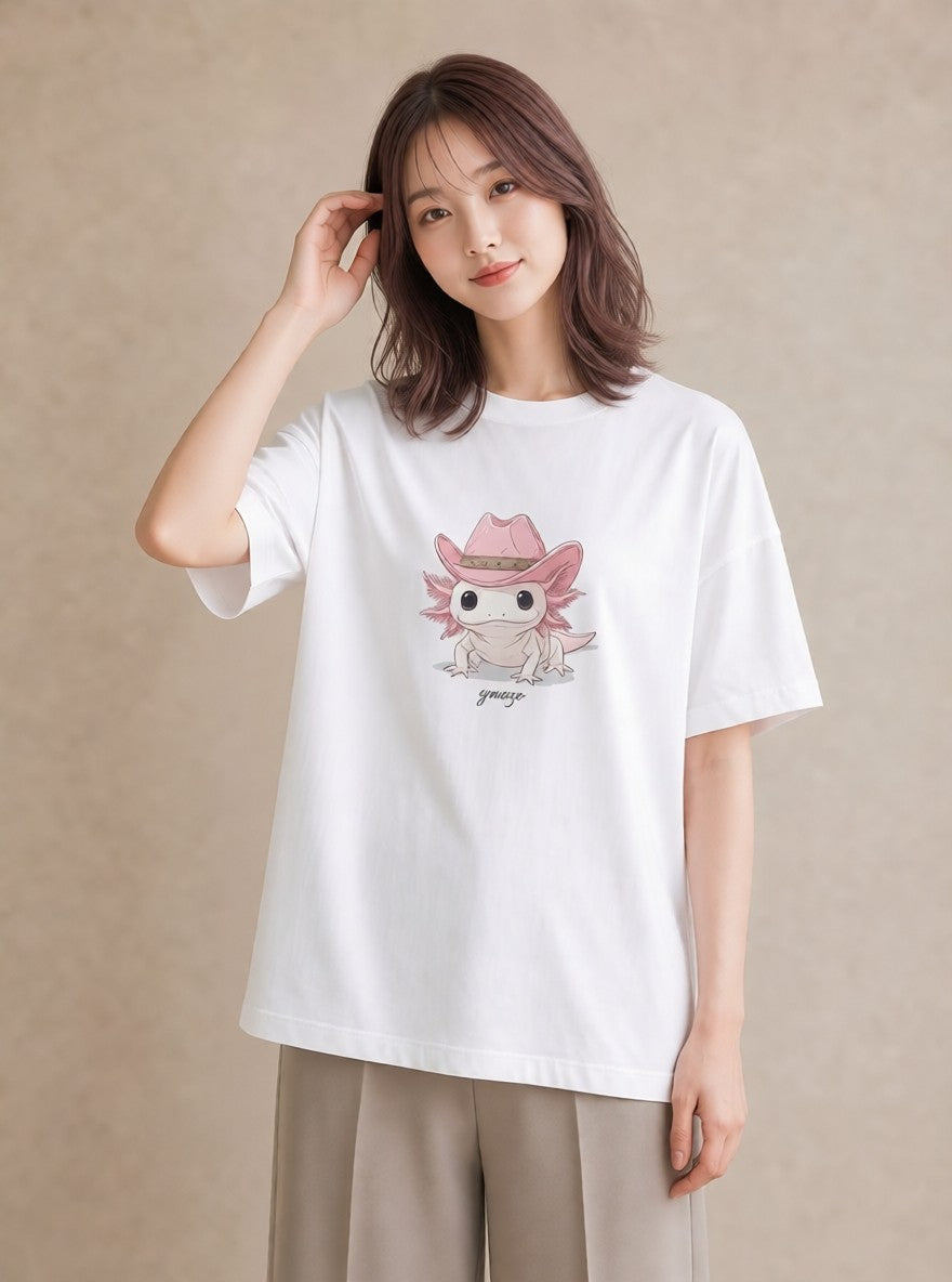 半袖Tシャツ レディース ウーパールーパー ペット 動物 イラスト 可愛い ミセス 春コーデ 白T YMAZO