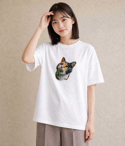 Tシャツ レディース 三毛猫 みけねこ 三毛 猫 ねこ イラスト カフェコーデ 綿100 デート 白T YMAZO