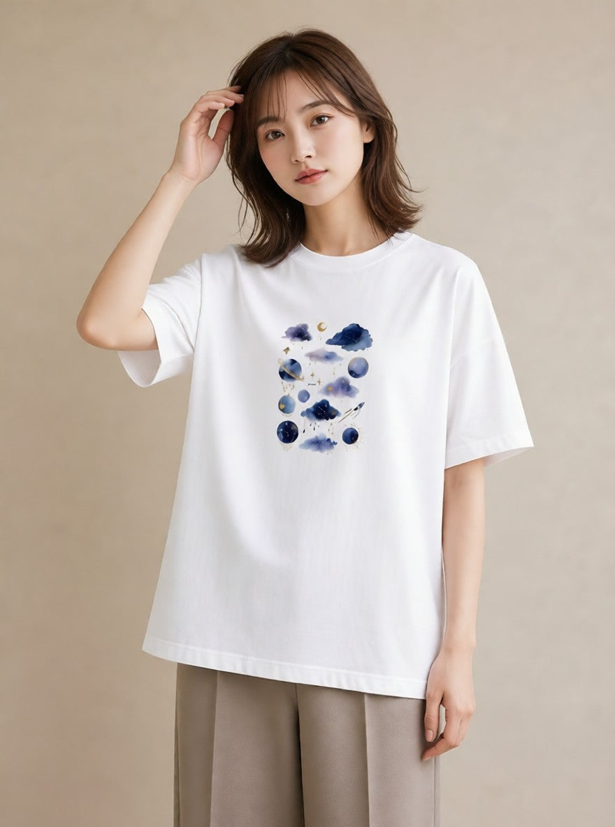 プリントTシャツ レディース 天秤座 星空 宇宙 イラスト こなれ感 通勤 在宅 白T YMAZO