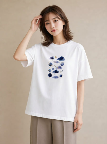 プリントTシャツ レディース 天秤座 星空 宇宙 イラスト こなれ感 通勤 在宅 白T YMAZO