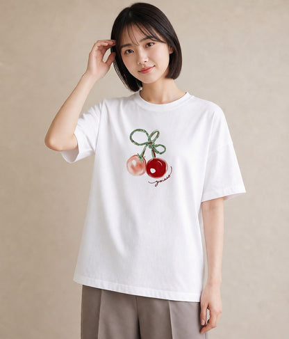 デザインTシャツ レディース りんご 林檎 アップル 食べ物 フード イラスト デイリーウェア 休日 白T YMAZO