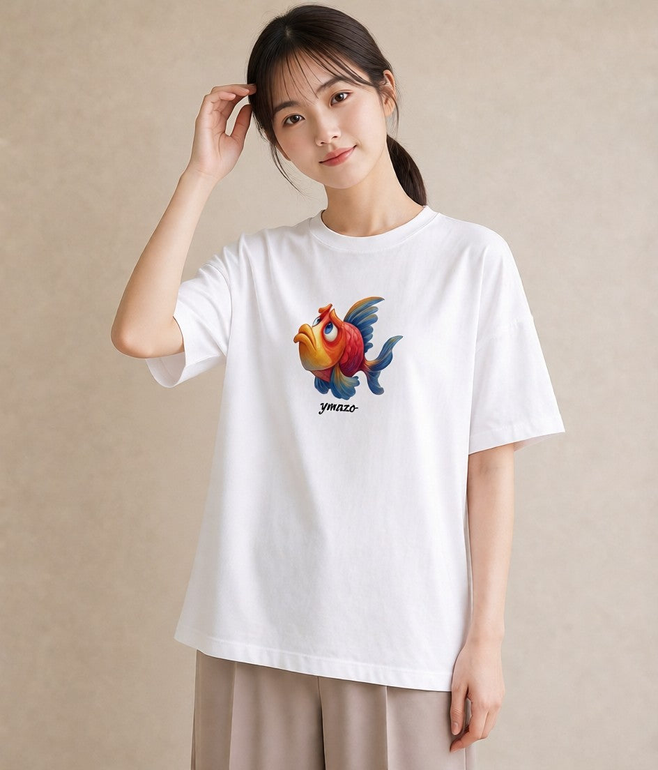 半袖Tシャツ レディース らんちゅう ペット 動物 イラスト お洒落 ペアコーデ 秋コーデ 白T YMAZO
