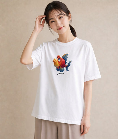 半袖Tシャツ レディース らんちゅう ペット 動物 イラスト お洒落 ペアコーデ 秋コーデ 白T YMAZO