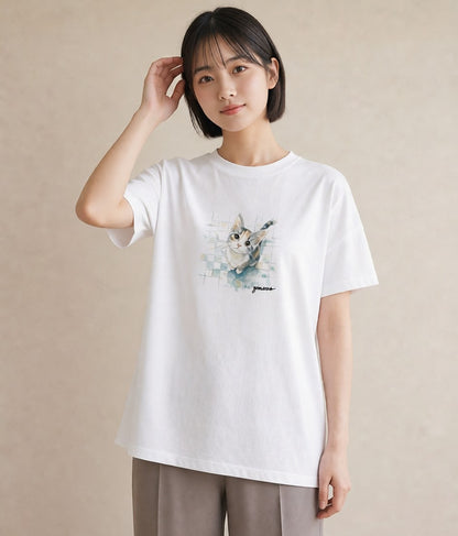 Tシャツ レディース ぶち猫 猫 ねこ イラスト ニュアンス 誕生日プレゼント 綿100 白T YMAZO