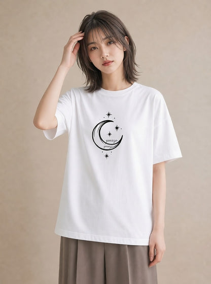 半袖Tシャツ レディース 月と星 星空 ムーン イラスト モード ビーチ デイリーウェア 白T YMAZO