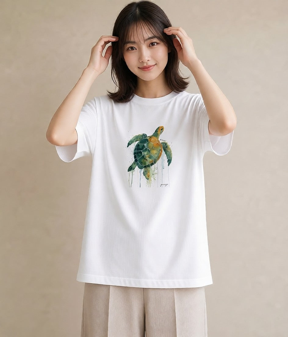 Tシャツ レディース ウミガメ 海の生き物 海 イラスト ヴィンテージ風 散歩 お出かけ 白T YMAZO