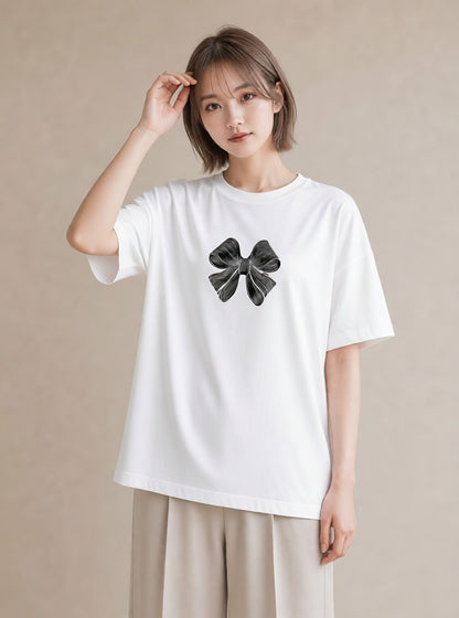 グラフィックTシャツ レディース リボン ボウ りぼん イラスト ラフ 休日 ペアコーデ 白T YMAZO