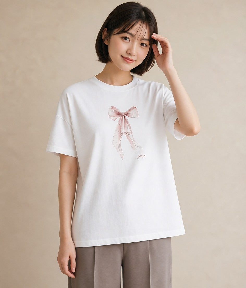 デザインTシャツ レディース バレエシューズ バレエ トウシューズ ナチュラル アンティーク イラスト シンプル 春服 ミセス 白T YMAZO