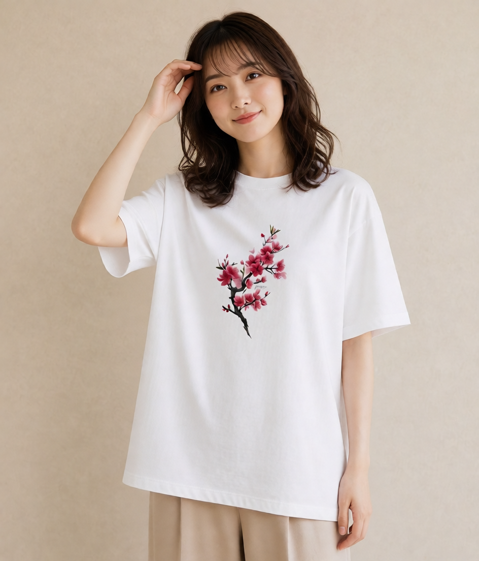 半袖Tシャツ レディース 梅 花 花柄 イラスト 週末コーデ 敬老の日 白T YMAZO