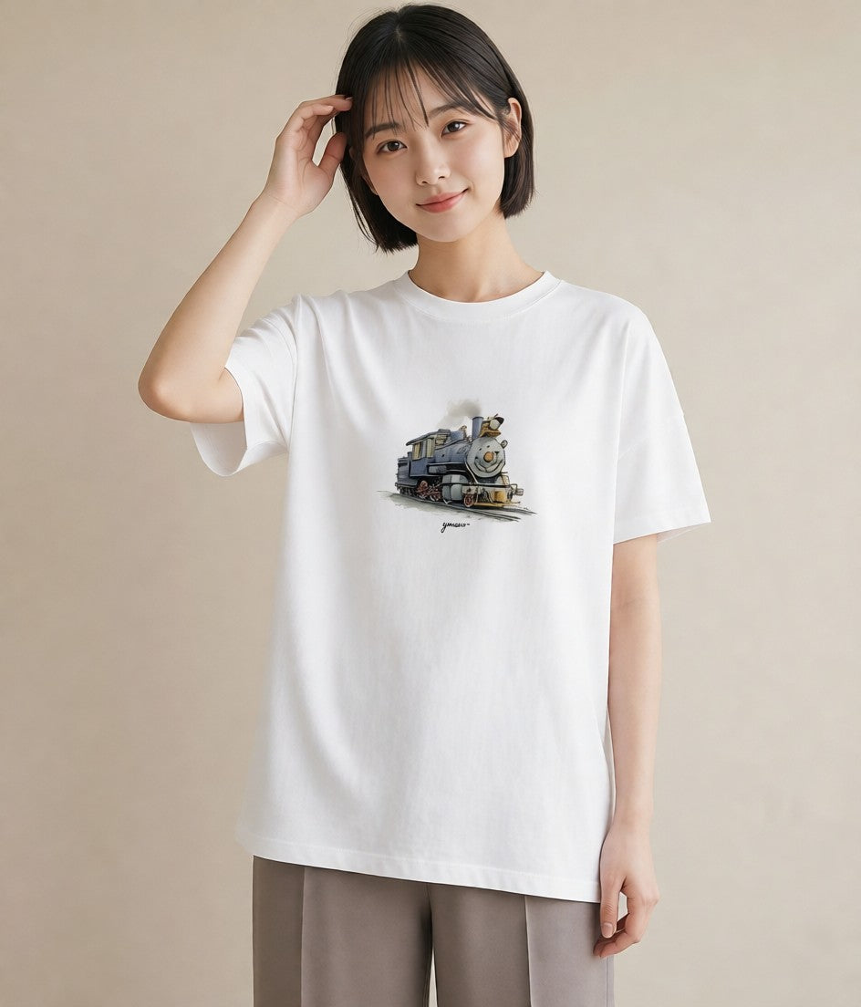 デザインTシャツ レディース 駅のホーム ローカル線 駅 ナチュラル アンティーク イラスト シンプル 姉妹 送別ギフト 白T YMAZO