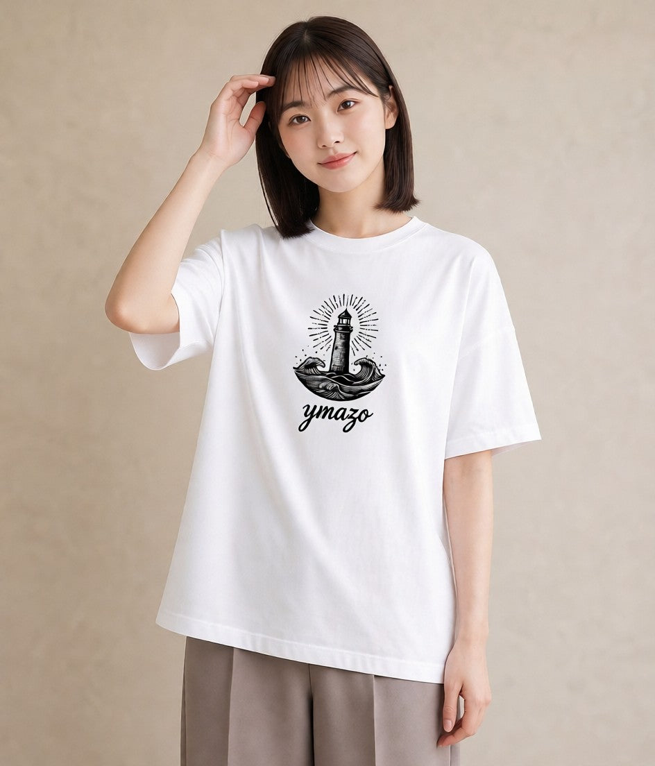 プリントTシャツ レディース 灯台 霧 海 ナチュラル アンティーク イラスト 個性的 カフェ巡り 女子会 白T YMAZO