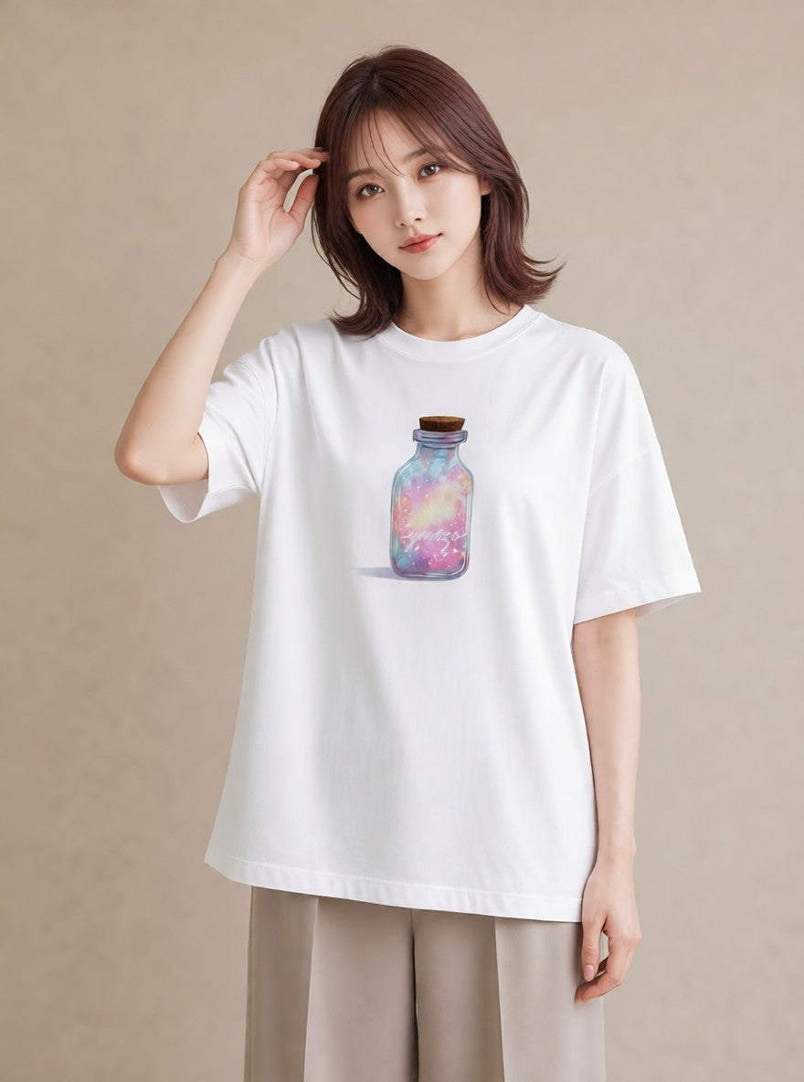 半袖Tシャツ レディース ガラス瓶 小枝 ボタニカル ナチュラル アンティーク イラスト 抜け感 自分用 ルームウェア 白T YMAZO
