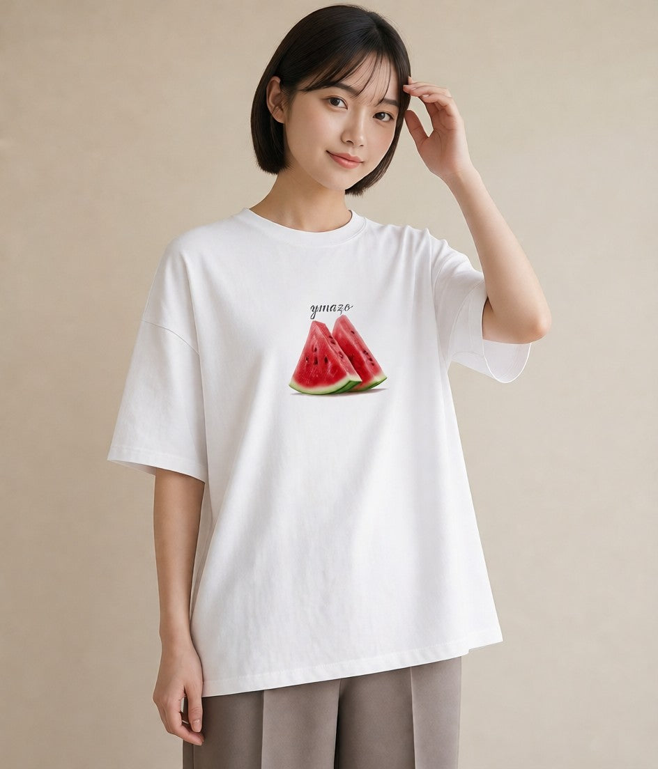 Tシャツ レディース すいか 食べ物 フード イラスト ラフカジュアル 散歩 お出かけ 白T YMAZO