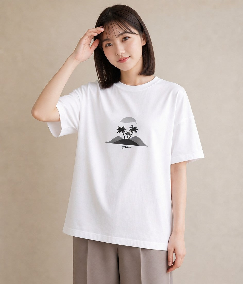 半袖Tシャツ レディース 海 リゾート 夏 イラスト 水彩風 カフェ服 クリスマス 白T YMAZO