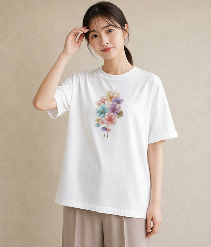 グラフィックTシャツ レディース 花 花柄 イラスト ガーリー 女性向けギフト 散歩 白T YMAZO