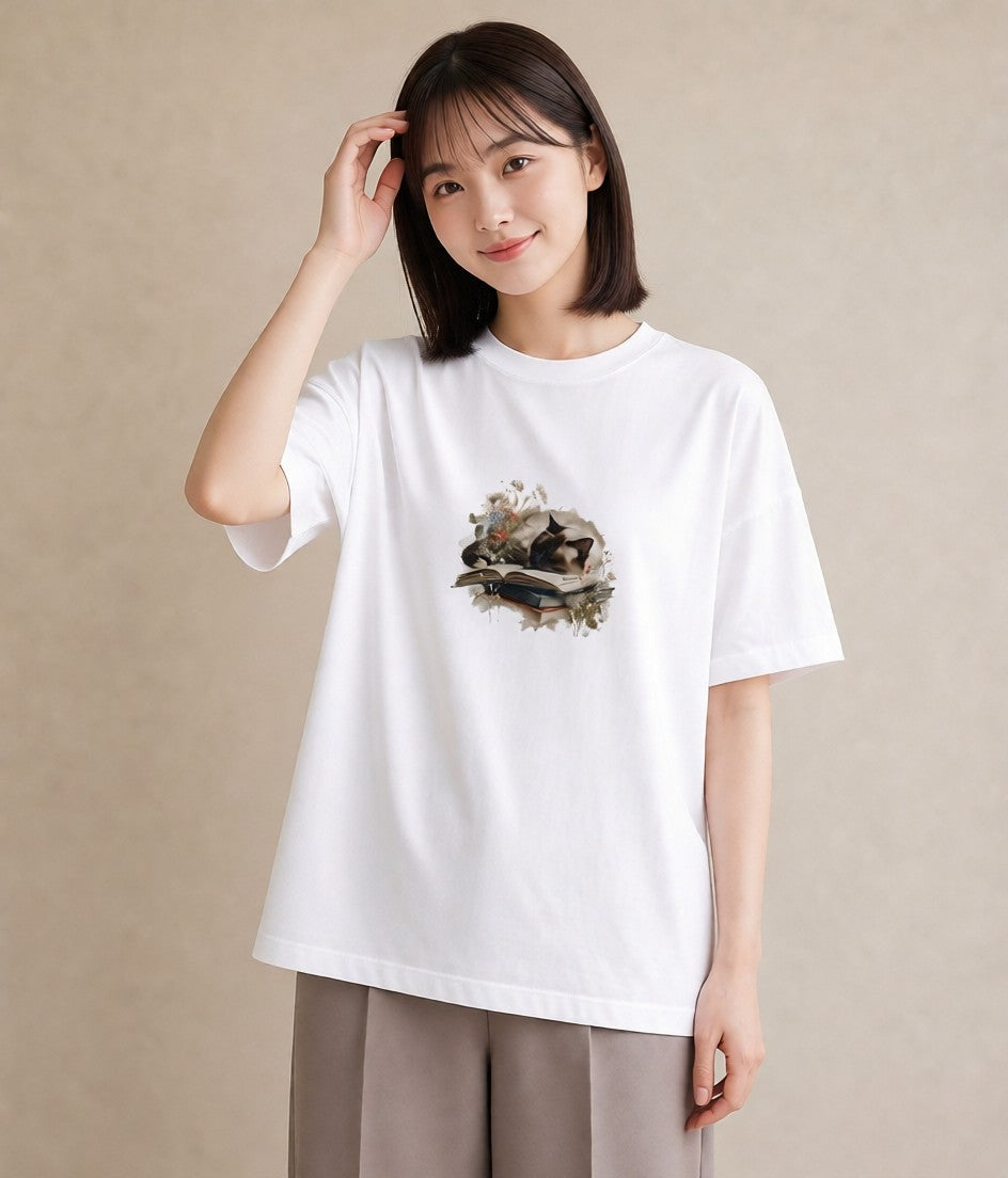 半袖Tシャツ レディース シャム柄 猫 ねこ イラスト モード 女子会 お揃い 白T YMAZO