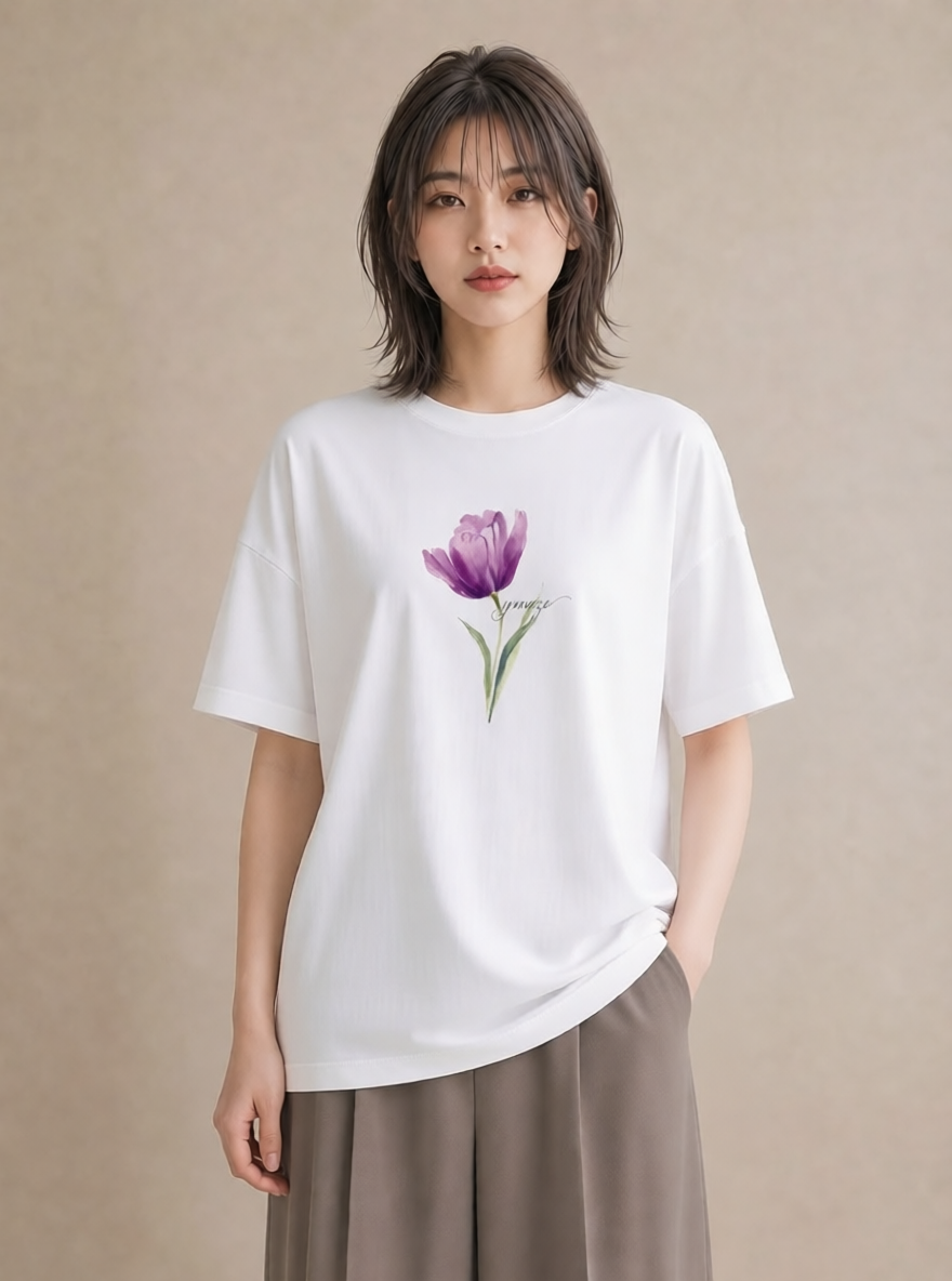 Tシャツ レディース スミレ 花 花柄 イラスト 線画 旅行用 海 白T YMAZO