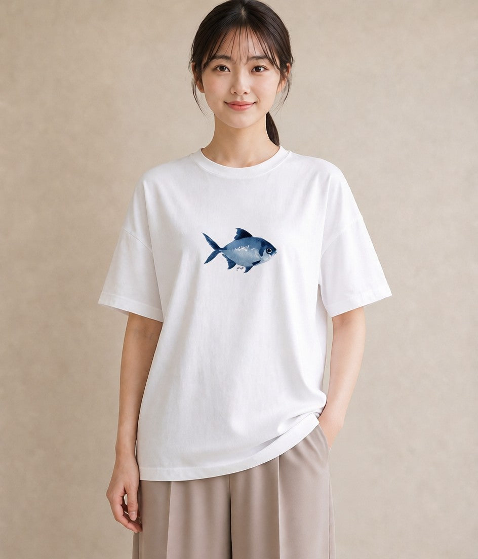 半袖Tシャツ レディース メダカ ペット 動物 イラスト 韓国風 ミセス 春コーデ 白T YMAZO