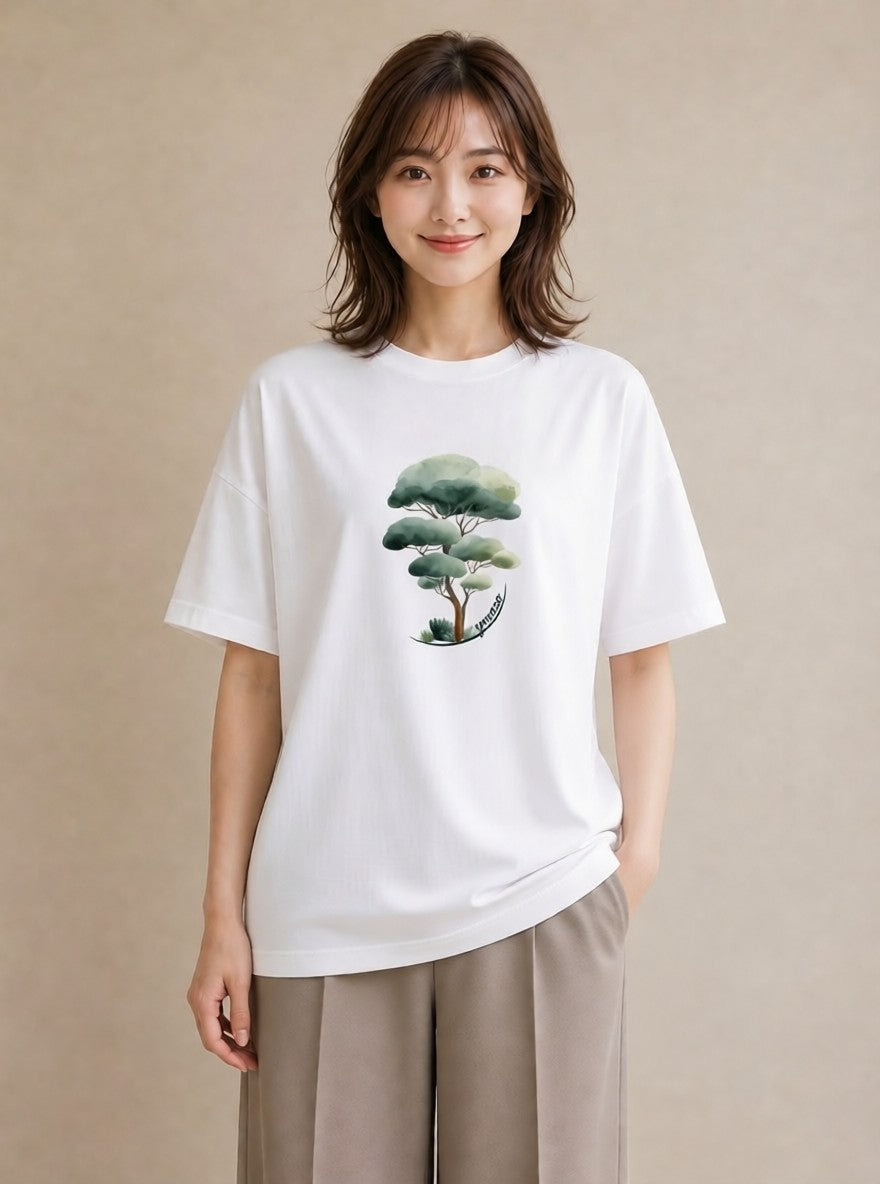 半袖Tシャツ レディース 森 植物 ボタニカル イラスト ニュアンス 春服 ミセス 白T YMAZO