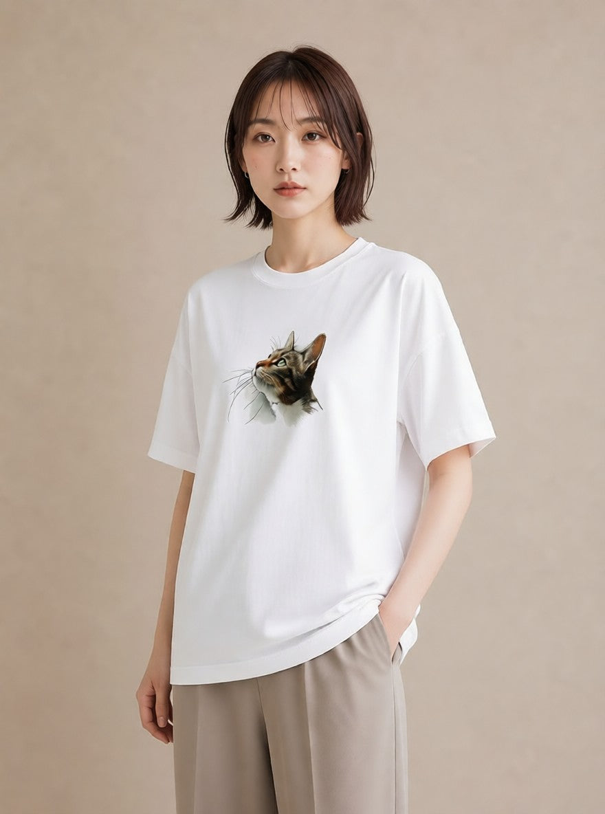 グラフィックTシャツ レディース 猫 ねこ イラスト 北欧風 旅行用 海 白T YMAZO