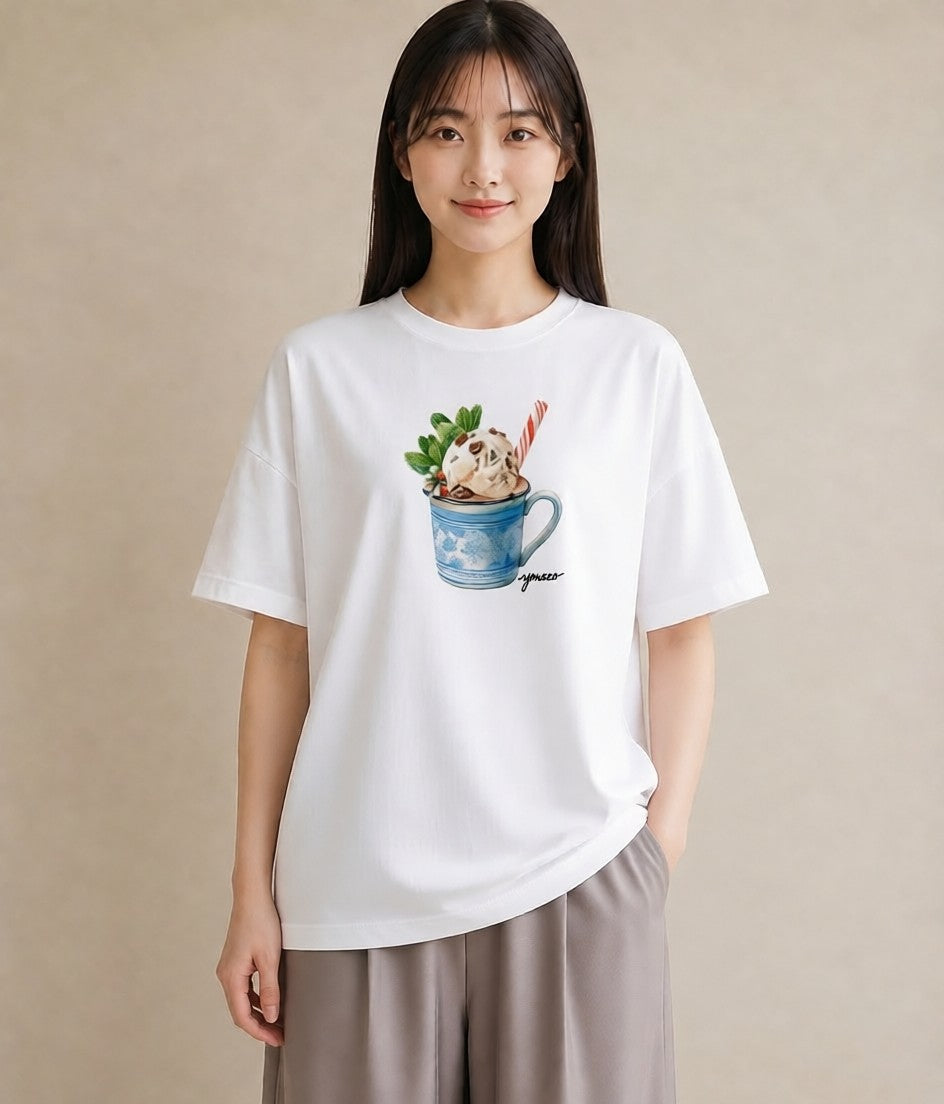 グラフィックTシャツ レディース パフェ 食べ物 フード イラスト フェミニン デイリーウェア 休日 白T YMAZO