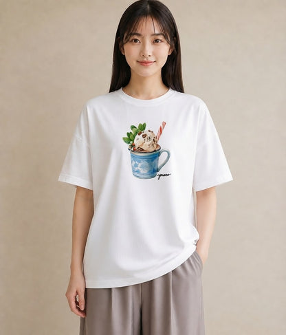 グラフィックTシャツ レディース パフェ 食べ物 フード イラスト フェミニン デイリーウェア 休日 白T YMAZO
