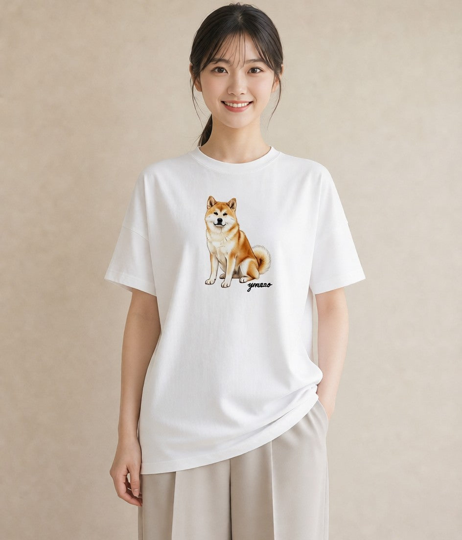半袖Tシャツ レディース 秋田犬 犬 いぬ イラスト カフェコーデ ミセス 春コーデ 白T YMAZO