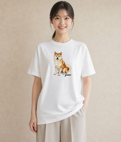 半袖Tシャツ レディース 秋田犬 犬 いぬ イラスト カフェコーデ ミセス 春コーデ 白T YMAZO
