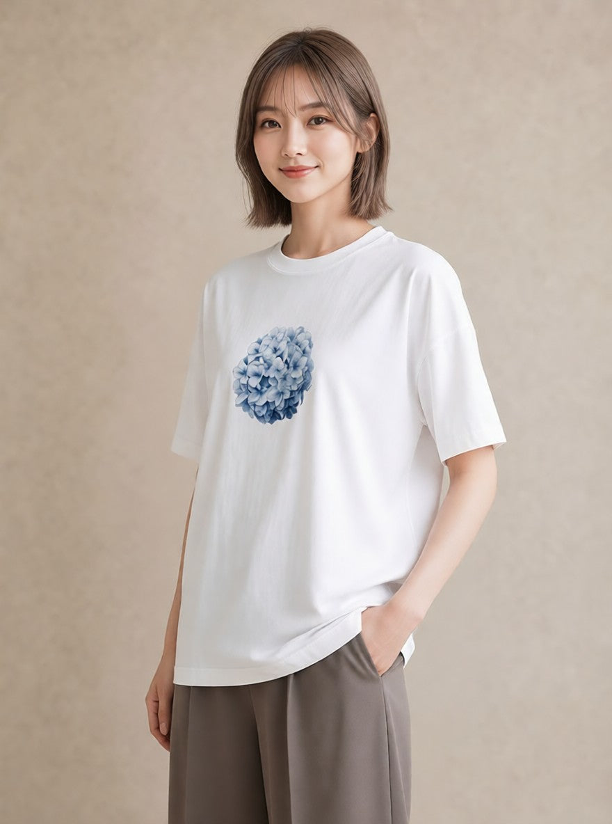 グラフィックTシャツ レディース あじさい 紫陽花 アジサイ 花 花柄 イラスト お洒落 通勤 在宅 白T YMAZO