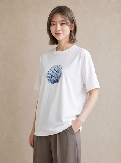 グラフィックTシャツ レディース あじさい 紫陽花 アジサイ 花 花柄 イラスト お洒落 通勤 在宅 白T YMAZO