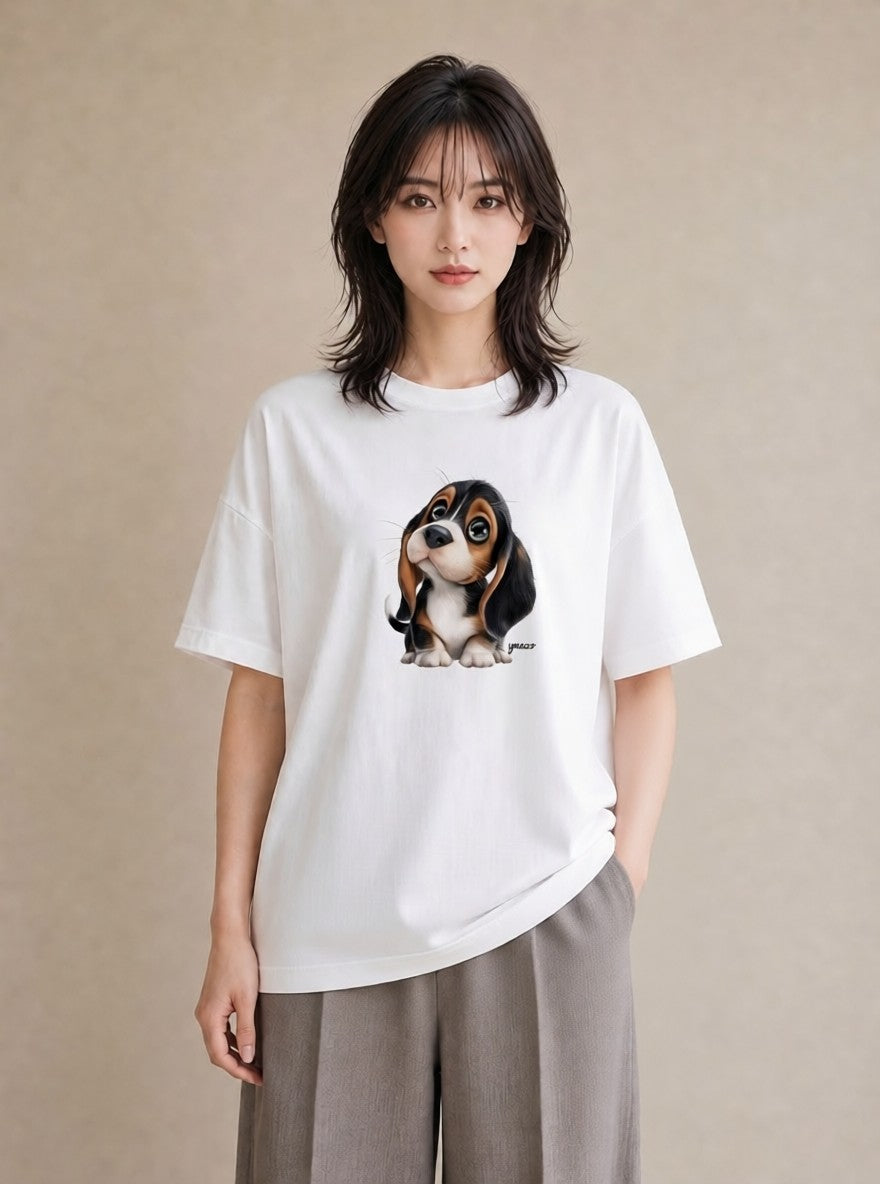 半袖Tシャツ レディース ビーグル 犬 いぬ イラスト 旅行コーデ 通勤 在宅 白T YMAZO