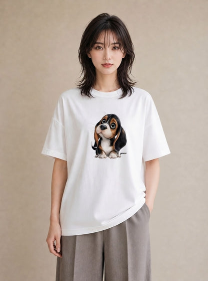 半袖Tシャツ レディース ビーグル 犬 いぬ イラスト 旅行コーデ 通勤 在宅 白T YMAZO