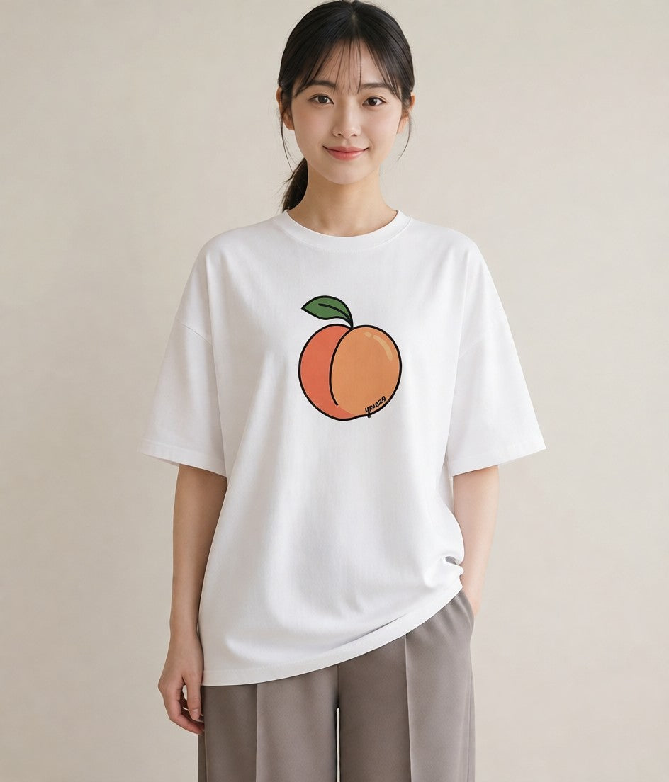 デザインTシャツ レディース もも 食べ物 フード イラスト 韓国風 週末コーデ 敬老の日 白T YMAZO