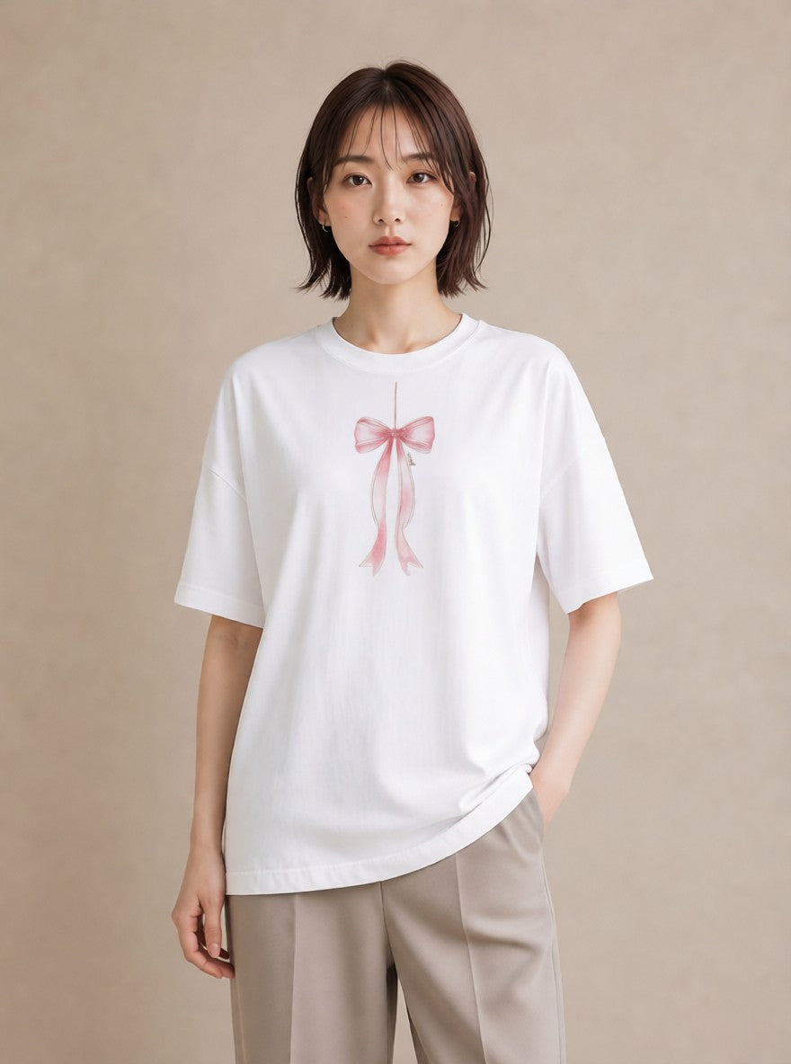 デザインTシャツ レディース リボン 蝶結び ナチュラル アンティーク イラスト ニュアンス ママ カフェ服 白T YMAZO