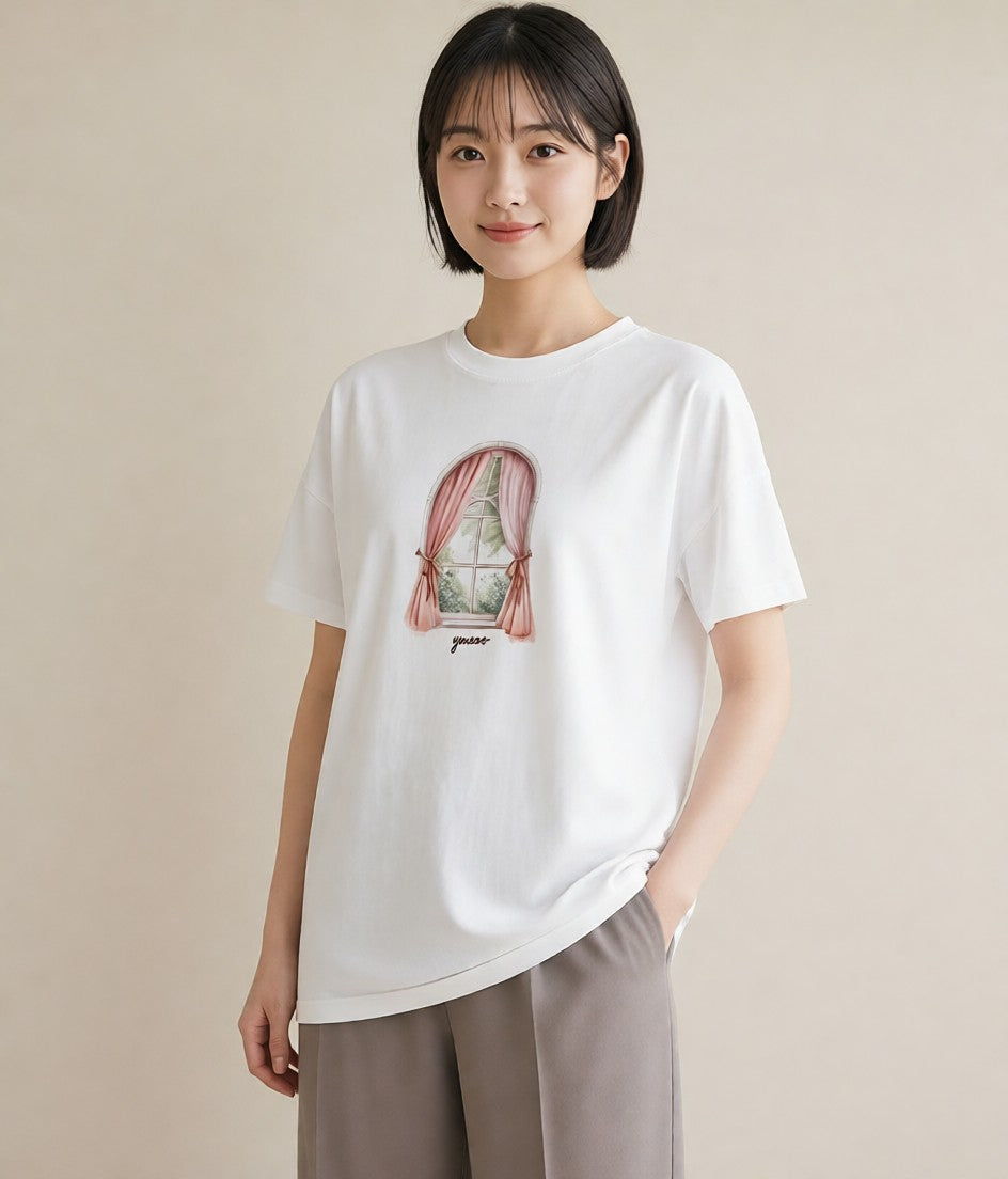 プリントTシャツ レディース 夕暮れ バルコニー 夕焼け ナチュラル アンティーク イラスト 休日コーデ 帰省 ラフ 白T YMAZO