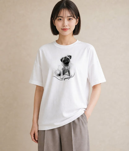 半袖Tシャツ レディース パグ 犬 いぬ イラスト ミニマル 散歩 お出かけ 白T YMAZO