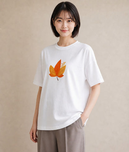 デザインTシャツ レディース 落ち葉 植物 ボタニカル イラスト 旅行コーデ 母娘コーデ 自分用 白T YMAZO