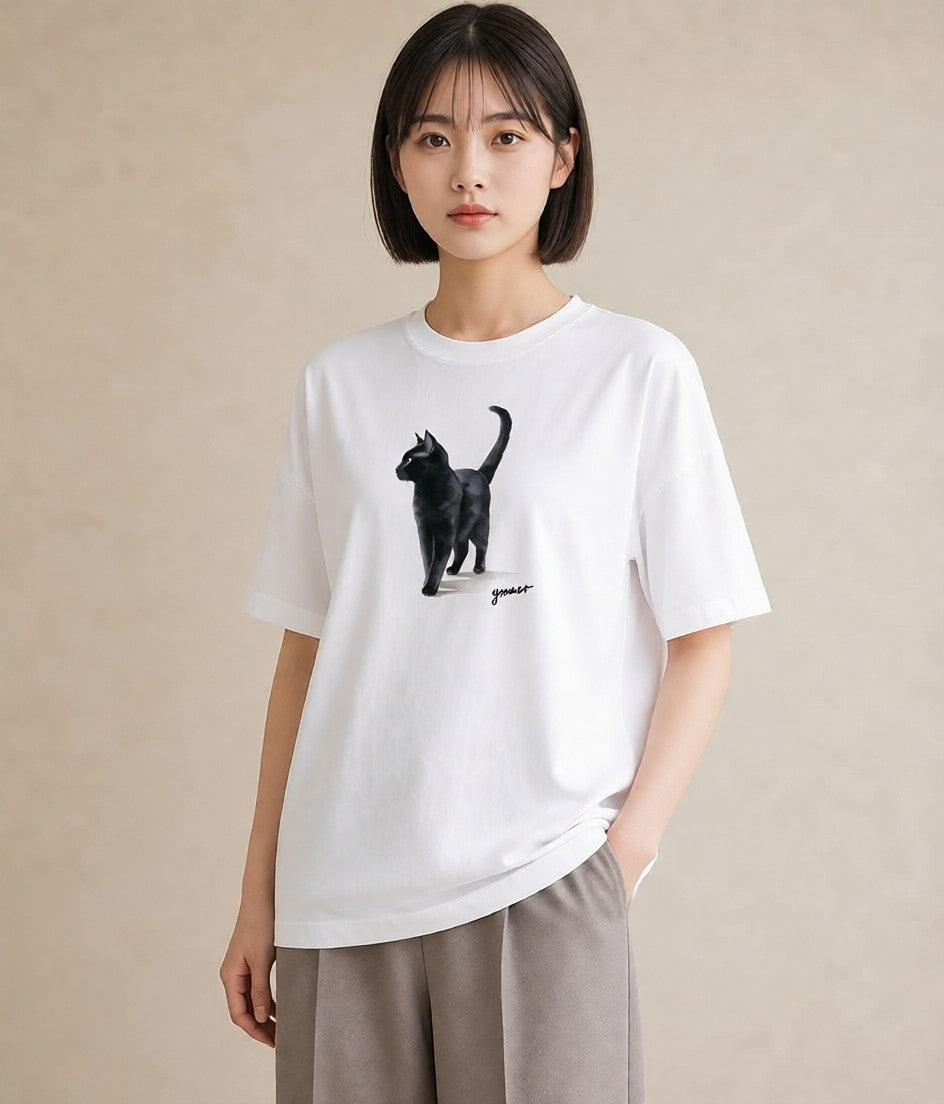半袖Tシャツ レディース アビシニアン 猫 ねこ イラスト ラフ 旅行用 海 白T YMAZO