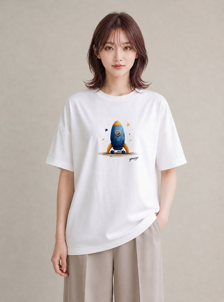 Tシャツ レディース ロケット 星空 宇宙 イラスト 普段使い ペアコーデ 秋コーデ 白T YMAZO