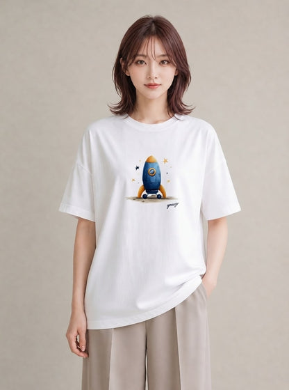 Tシャツ レディース ロケット 星空 宇宙 イラスト 普段使い ペアコーデ 秋コーデ 白T YMAZO