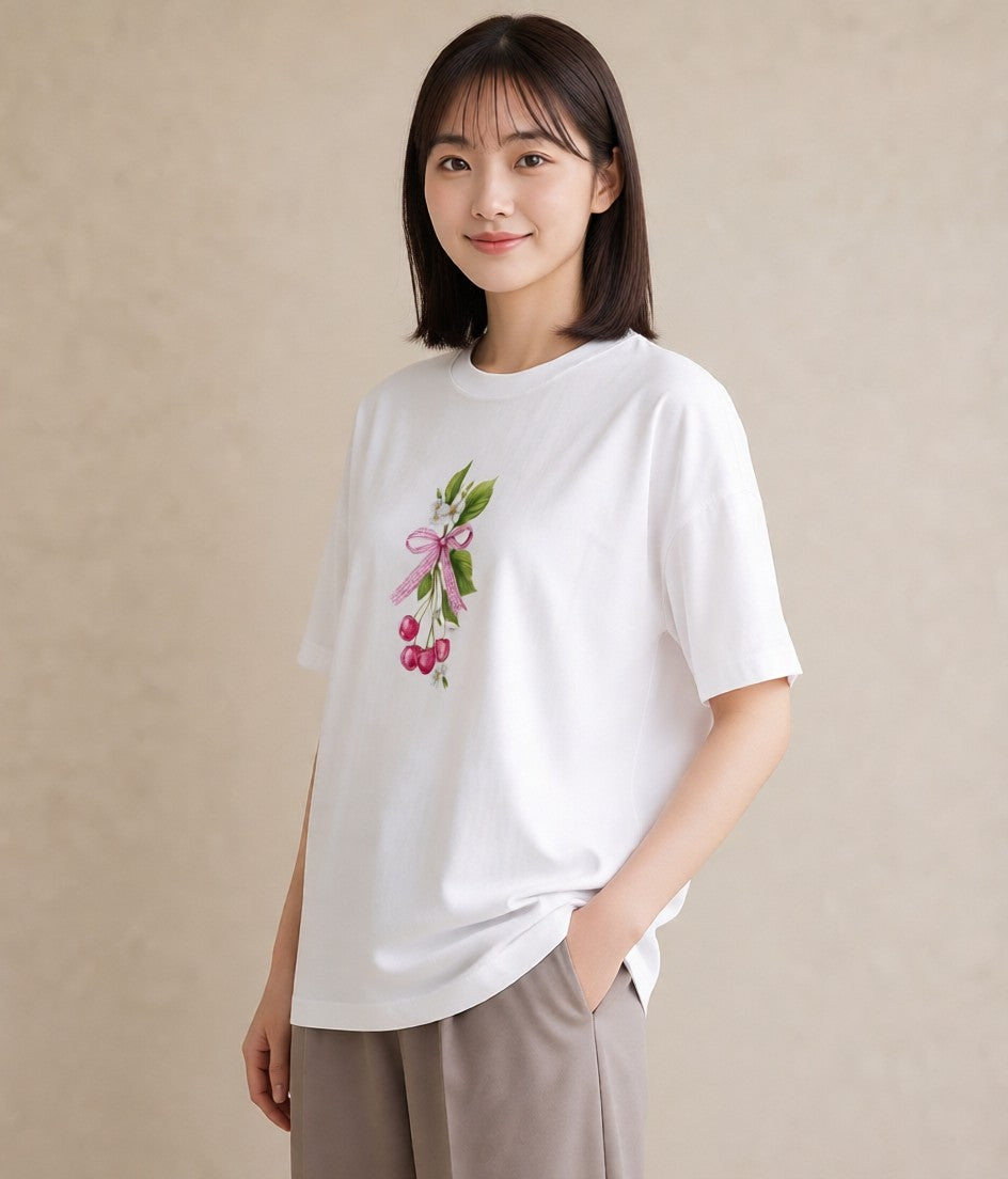 デザインTシャツ レディース さくらんぼ チェリー 食べ物 フード イラスト レトロ 自分用 ルームウェア 白T YMAZO