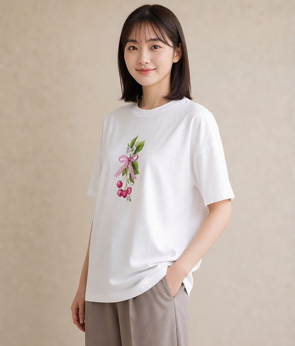 デザインTシャツ レディース さくらんぼ チェリー 食べ物 フード イラスト レトロ 自分用 ルームウェア 白T YMAZO
